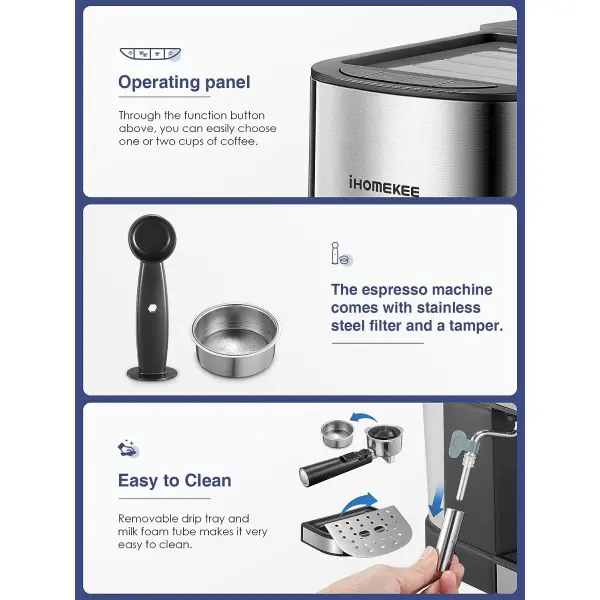 Ihomekee Espresso Machine 15 Bar Pump Pressure, Espresso and Cappuccino Coffee Maker with Milk Frother/Steam Wand for Latte,