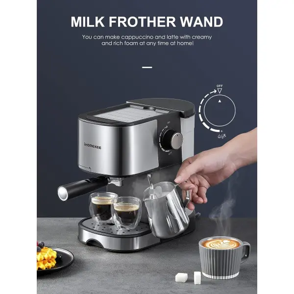 Ihomekee Espresso Machine 15 Bar Pump Pressure, Espresso and Cappuccino Coffee Maker with Milk Frother/Steam Wand for Latte,