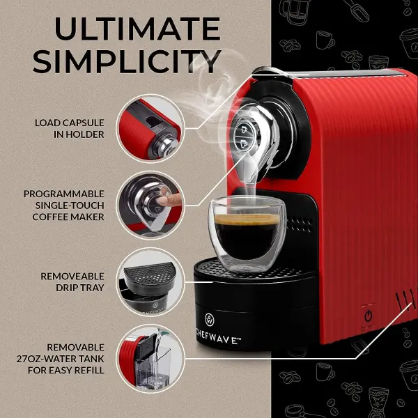 ChefWave Espresso Machine & Coffee Maker Compatible w/Nespresso Original Capsules (Red) – Programmable, One-Touch, Premium,