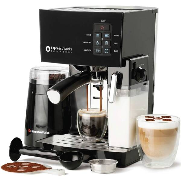 Espresso Machine, Latte & Cappuccino Maker- 10 pc All-In-One Espresso Maker with Milk Steamer (Incl: Coffee Bean Grinder, 2