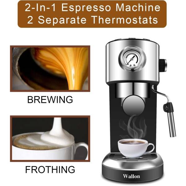 Wallon 20 Bar Espresso Machine with milk frother, Espresso, Cappuccino, Latte, Machiato Maker, For Home Barista, 1.4L Water Tank