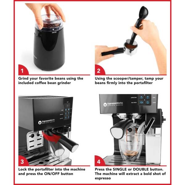 Espresso Machine, Latte & Cappuccino Maker- 10 pc All-In-One Espresso Maker with Milk Steamer (Incl: Coffee Bean Grinder, 2