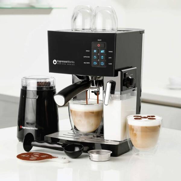 Espresso Machine, Latte & Cappuccino Maker- 10 pc All-In-One Espresso Maker with Milk Steamer (Incl: Coffee Bean Grinder, 2