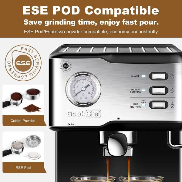 Geek Chef Espresso Machine 20 Bar Pump Pressure Cappuccino latte Maker Coffee Machine with ESE POD filter&Pressure gauge, 1.5L