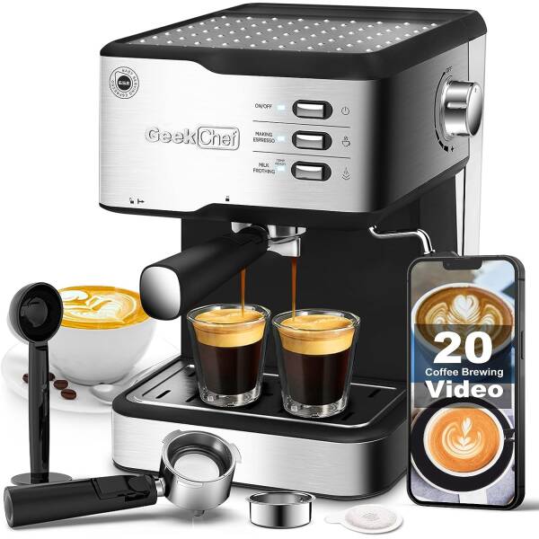 Geek Chef Espresso Machine 20 Bar, Cappuccino latte Maker Coffee Machine with ESE POD capsules filter&Milk Frother Steam Wand,