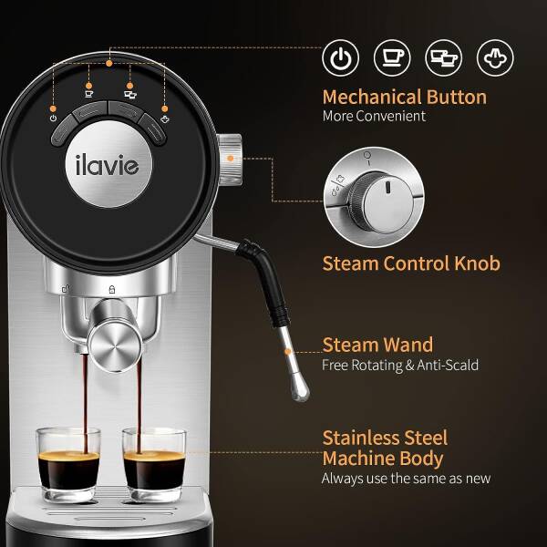 ILAVIE Espresso Coffee Machine, 20 Bar Espresso Machine with Steamer, Compact Espresso Maker with Milk Frother for Home,