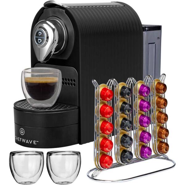 ChefWave Espresso Machine Compatible with Nespresso Capsules (Black) Bundle with 20-Count Intenso Dark Roast Coffee Capsules and