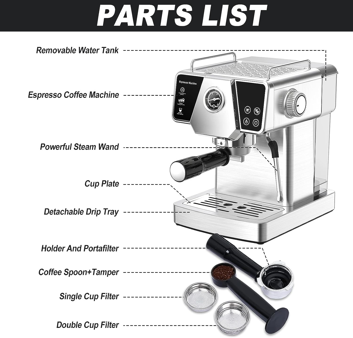 Mixpresso Espresso Maker, 15 Bar Espresso Machine with Milk Frother, Fast Heating Automatic Espresso Machine, Steam Wand for