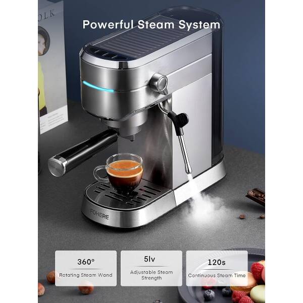 FOHERE Espresso Machine, 20 Bar Espresso and Cappuccino Maker with Milk Frother Steam Wand, Professional Compact Coffee Machine