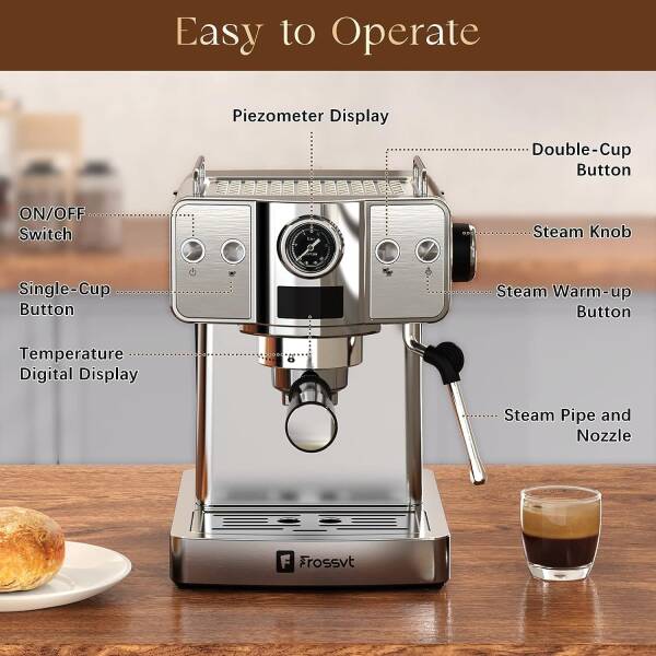 Frossvt Espresso Machine, 20 Bar Espresso Maker with Milk Frother Steam Wand for Latte and Cappuccino, Stainless Steel Coffee