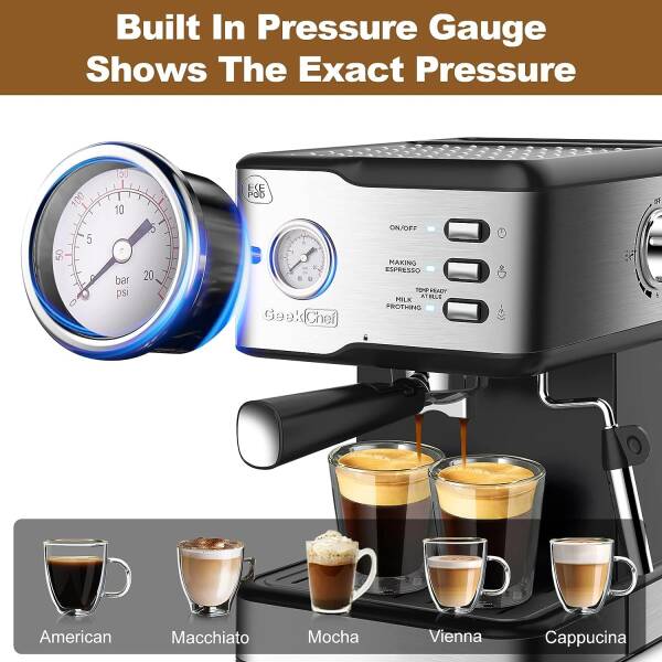 Geek Chef Espresso Machine 20 Bar Pump Pressure Cappuccino latte Maker Coffee Machine with ESE POD filter&Pressure gauge, 1.5L