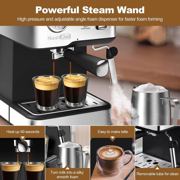 Geek Chef Espresso Machine 20 Bar Pump Pressure Cappuccino latte Maker Coffee Machine with ESE POD filter&Pressure gauge, 1.5L