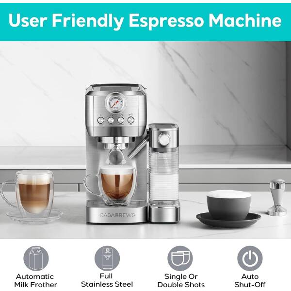 CASABREWS Espresso Machine 20 Bar, Compact Cappuccino Machine with Automatic Milk Frother, Stainless Steel Espresso Maker With