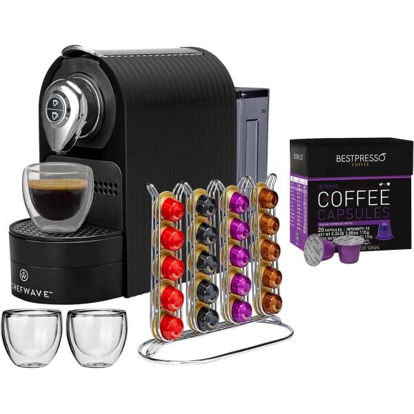 ChefWave Espresso Machine Compatible with Nespresso Capsules (Black) Bundle with 20-Count Intenso Dark Roast Coffee Capsules and