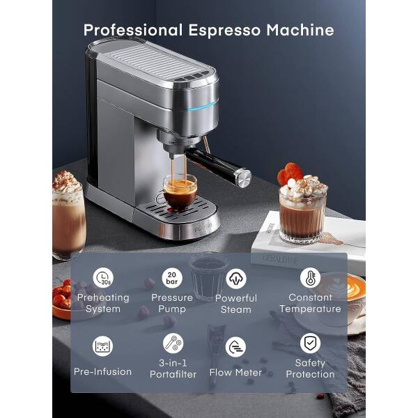 FOHERE Espresso Machine, 20 Bar Espresso and Cappuccino Maker with Milk Frother Steam Wand, Professional Compact Coffee Machine