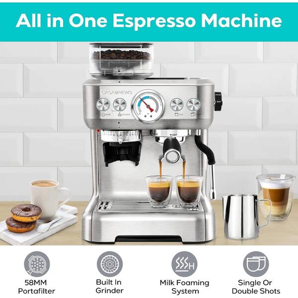 CASABREWS Espresso Machine With Grinder, Professional Espresso Maker With Milk Frother Steam Wand, Barista Espresso Coffee