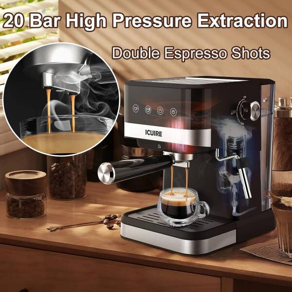 ICUIRE Espresso Machine 20 Bar Pump, Coffee and Cappuccino Latte Machine with Milk Frother, 1050W Semi-Automatic Expresso Maker