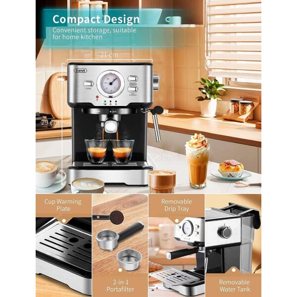 Gevi Espresso Machine 20 Bar Pump Pressure, Cappuccino Coffee Maker with Milk Foaming Steam Wand for Latte, Mocha, Cappuccino,