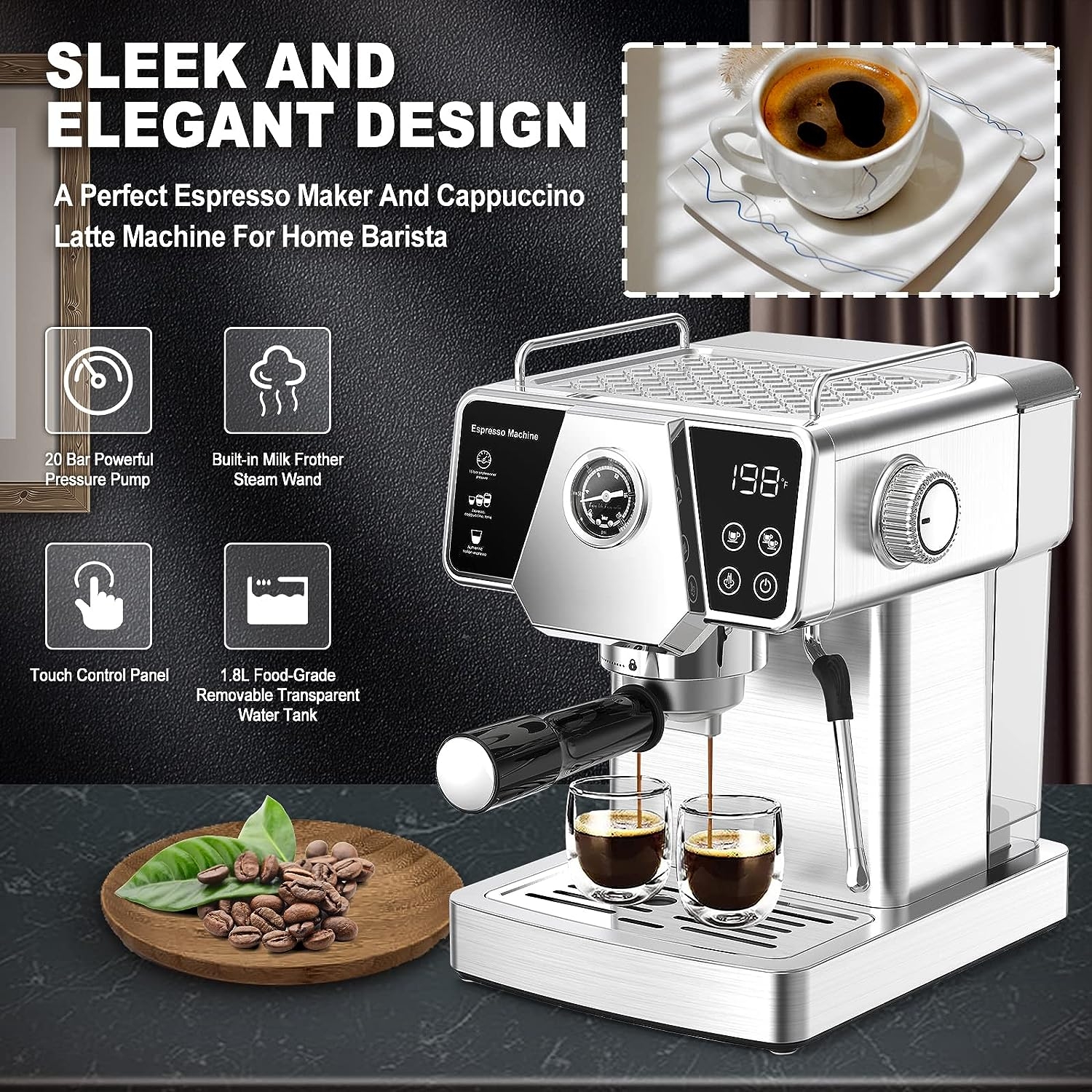 Mixpresso Espresso Maker, 15 Bar Espresso Machine with Milk Frother, Fast Heating Automatic Espresso Machine, Steam Wand for