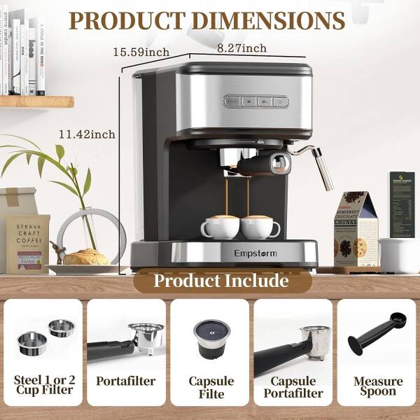 Empstorm Espresso Machine 20 Bar,Espresso Coffee Maker with Milk Frother Steam Wand,Semi-Automatic Espresso Machine with