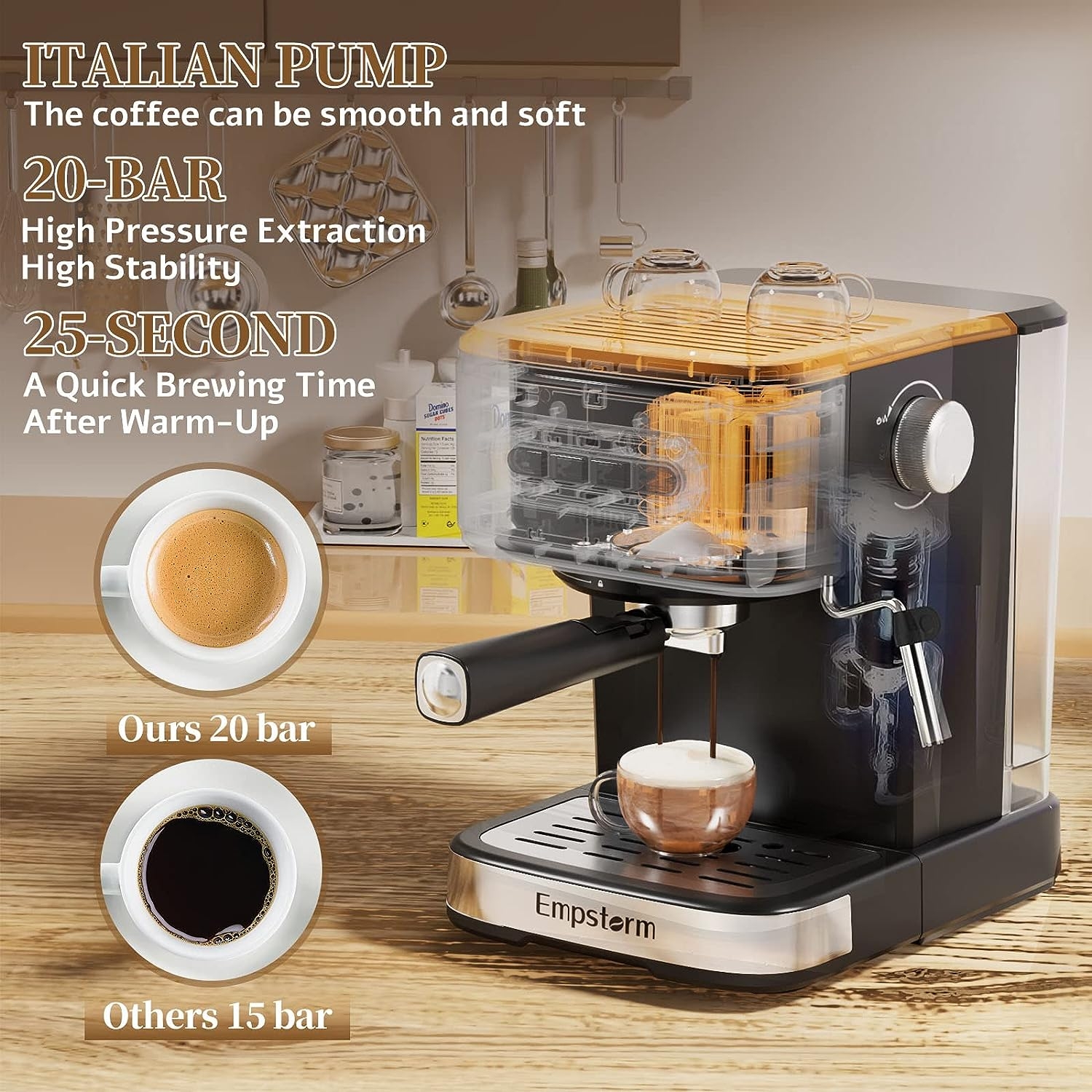 Empstorm Espresso Machine 20 Bar,Espresso Coffee Maker with Milk Frother  Steam Wand,Semi-Automatic Dual-nozzle Espresso Machine,Automatic power-off