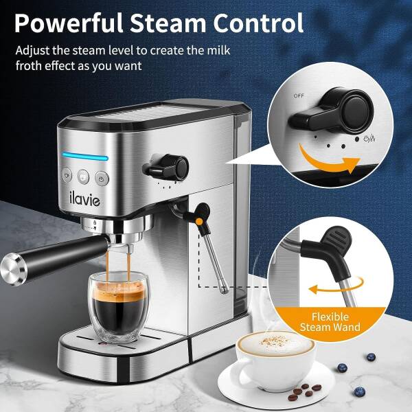 ILAVIE Espresso Machines with Steamer, 20 Bar Pump Espresso and Cappuccino latte Maker, Espresso Machine Easy to Use for Home