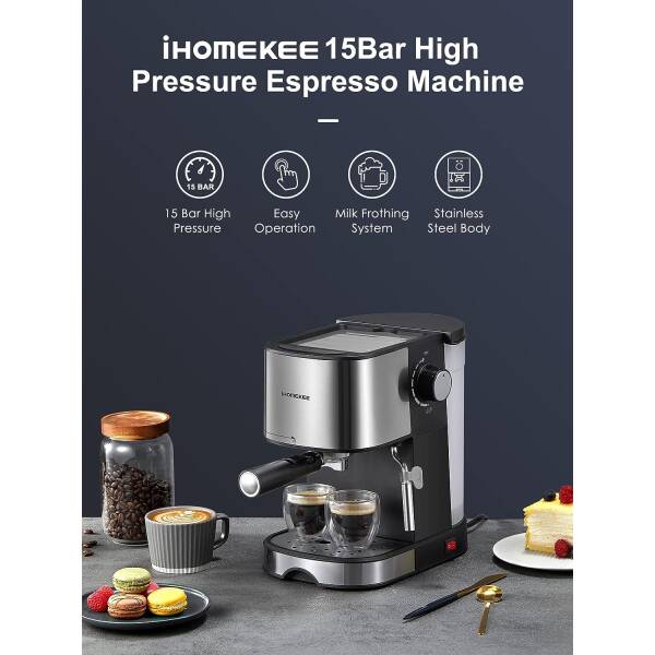 Ihomekee Espresso Machine 15 Bar Pump Pressure, Espresso and Cappuccino Coffee Maker with Milk Frother/Steam Wand for Latte,