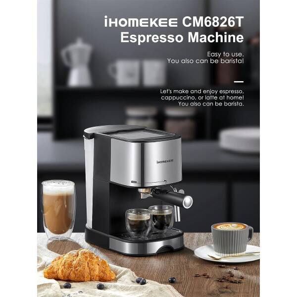 Ihomekee Espresso Machine 15 Bar Pump Pressure, Espresso and Cappuccino Coffee Maker with Milk Frother/Steam Wand for Latte,