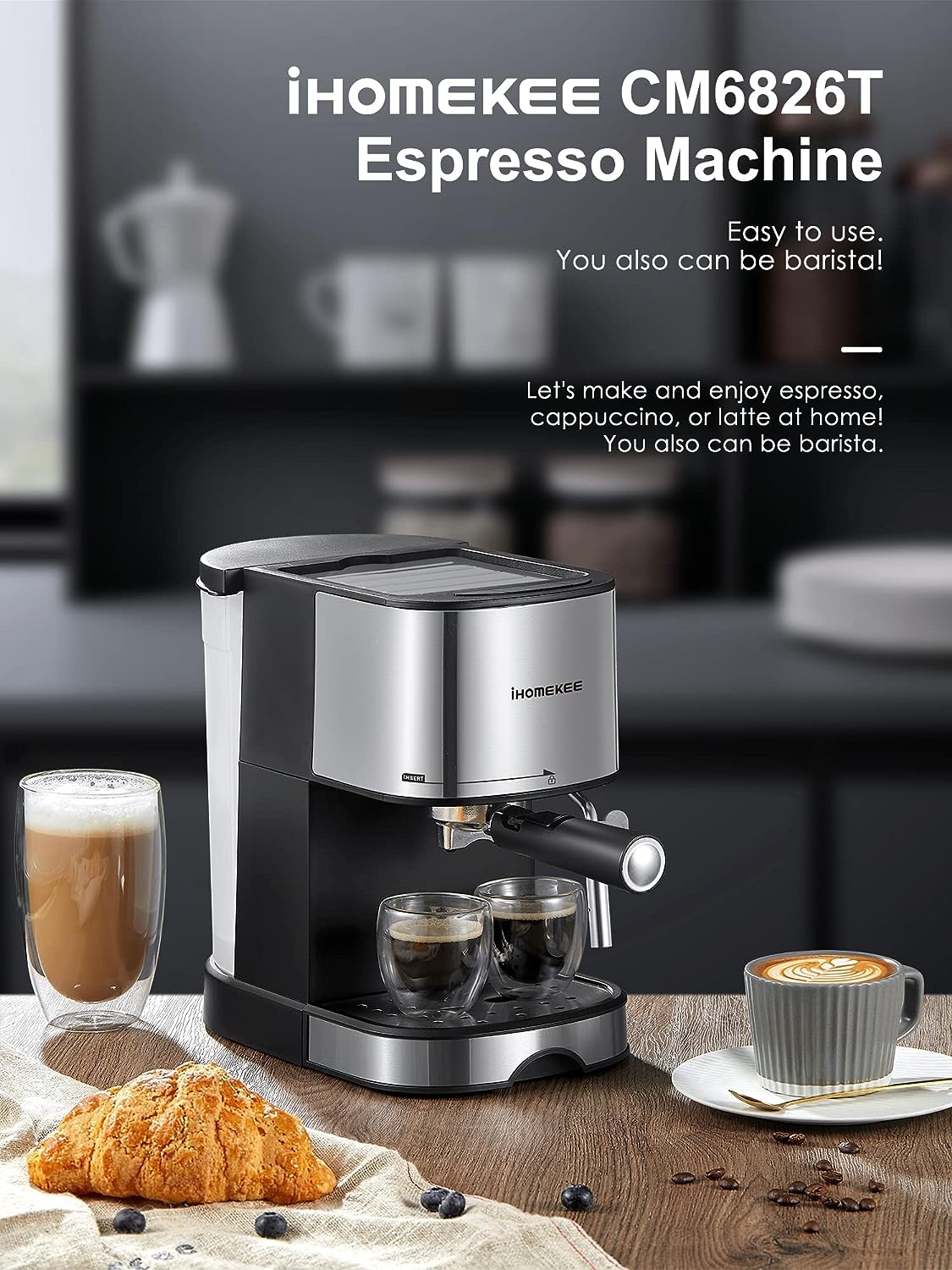 Ihomekee Espresso Machine 15 Bar Pump Pressure, Espresso and