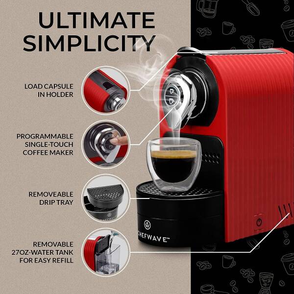 ChefWave Espresso Machine & Coffee Maker Compatible w/Nespresso Original Capsules (Red) – Programmable, One-Touch, Premium,